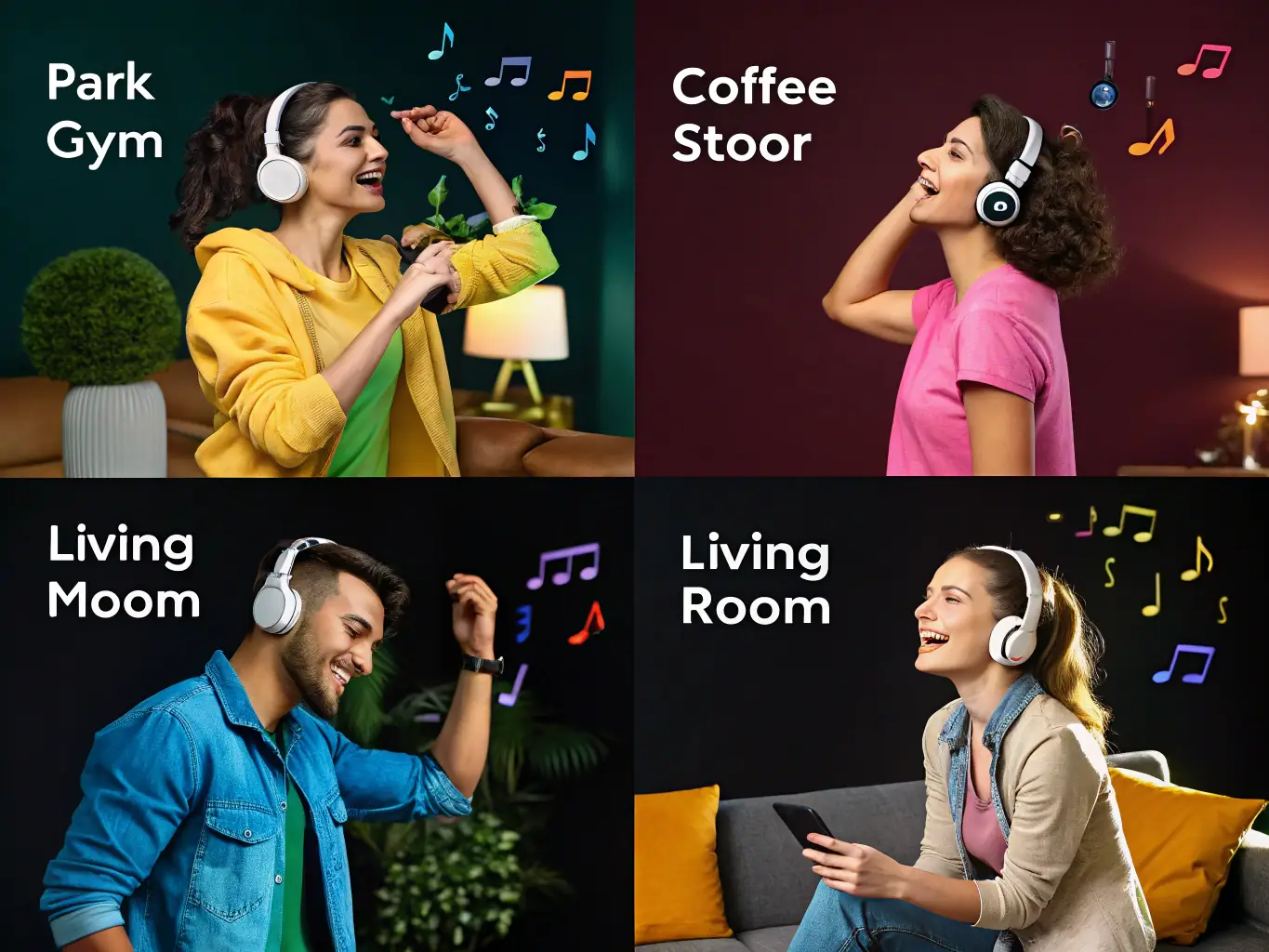 An image depicting a diverse group of people listening to music with headphones, each immersed in their own world of sound, representing the personalized music recommendations.