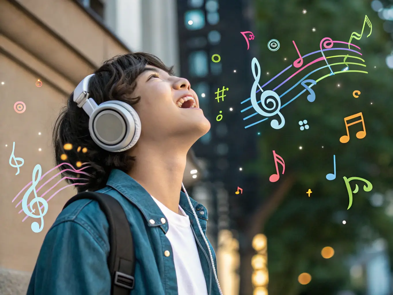A vibrant image showcasing a person happily creating a music playlist on a tablet, surrounded by colorful musical notes and icons, symbolizing the joy of personalized music curation.