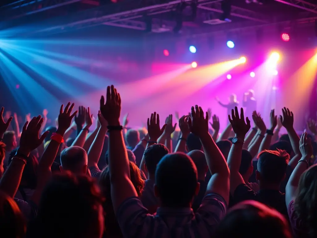 A vibrant concert scene with a diverse crowd enjoying a live performance, capturing the energy and excitement of experiencing music together.