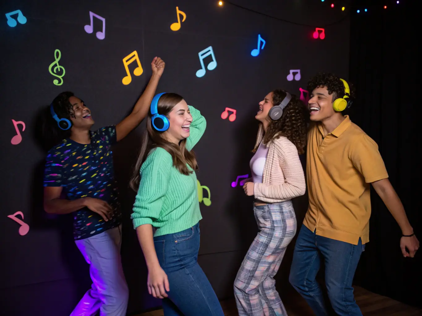 A vibrant and dynamic image showcasing a diverse group of people listening to music with headphones, each expressing joy and excitement, set against a backdrop of abstract musical notes and waveforms, symbolizing the discovery of new and exciting sounds.