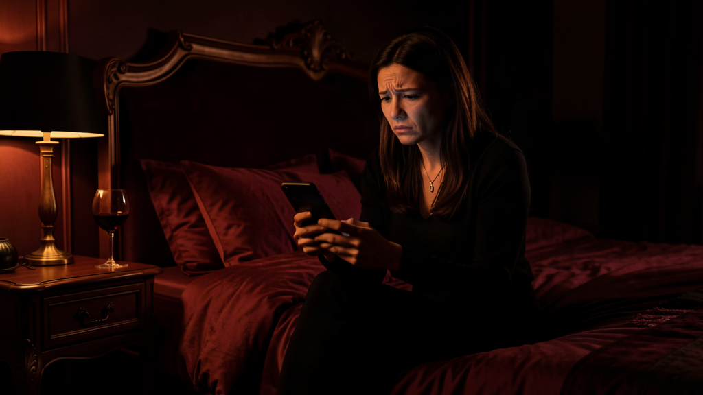 Woman on bed looking at phone with worried expression, dark moody bedroom scene