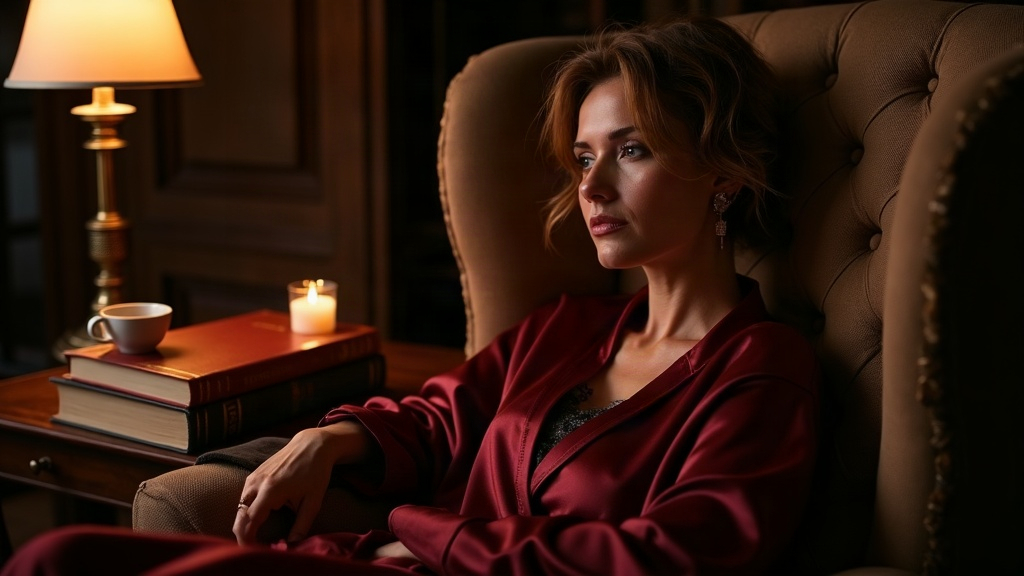 An elegant woman in her forties curled in an armchair with romance novels, candlelit study, dark amber palette, tasteful and cozy