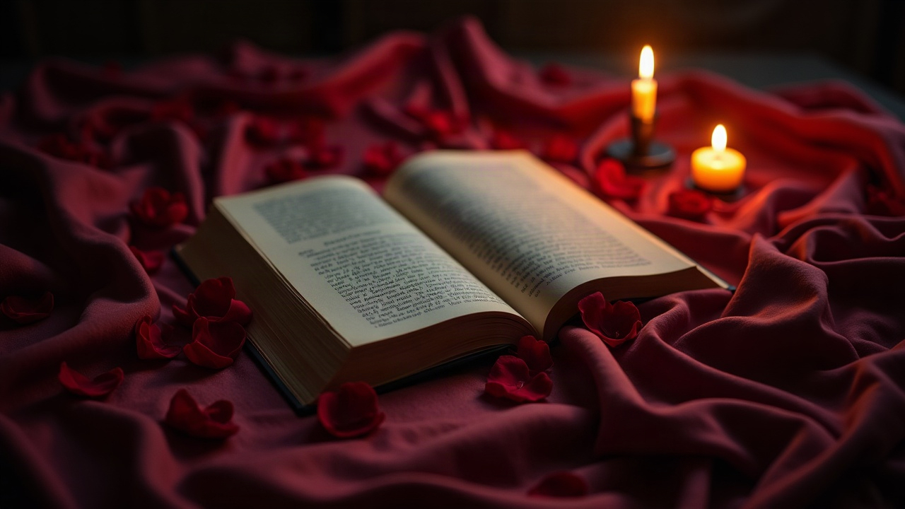 A moody, candlelit open book on burgundy silk with rose petals, a warm romance header image