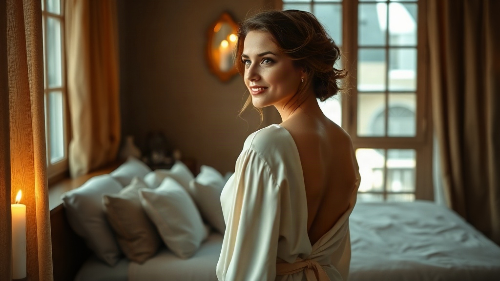 Woman feeling confident and at ease in her own skin in soft candlelight