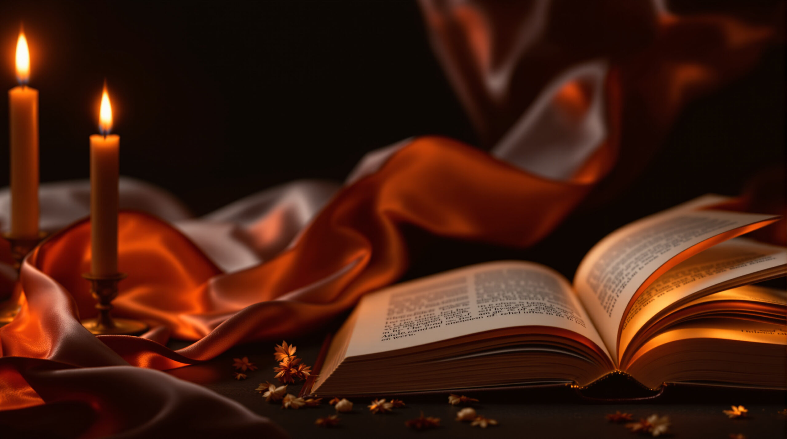 A warm, moody romance header image of candlelight and an open book