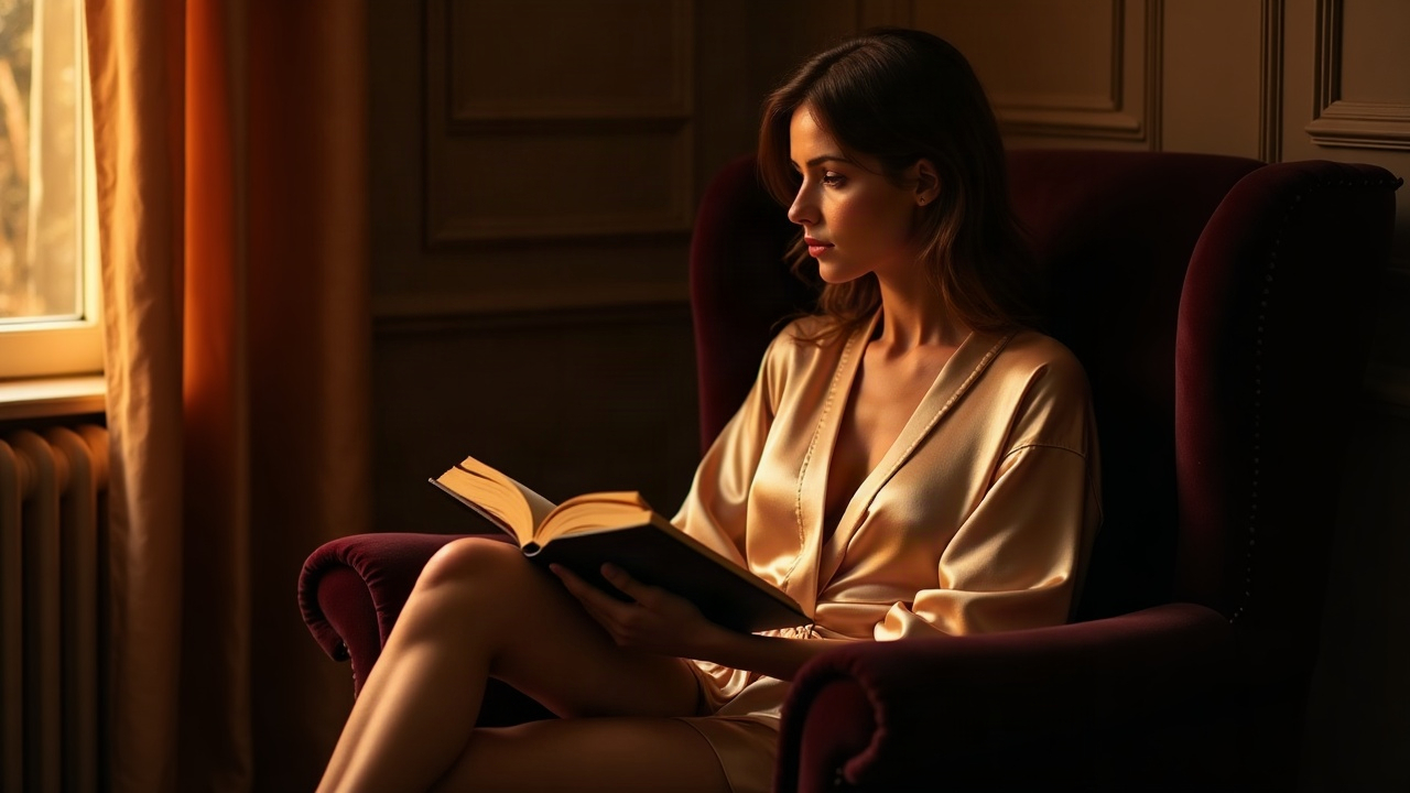 A woman reading in candlelight, soft sensual romance atmosphere